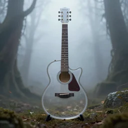 clear guitar, intact guitar, magical area, classic guitar, blade runner, foggy area, by greg rutkowski