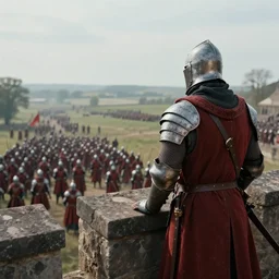 cinematic view from behind a medieval commander standing on the battlements watching an enemy army wearing red armor approach in the distance, by greg rutowski, 4 k, masterpiece
