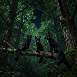 three black foxes sitting on a high branch in a tree looking down, dense green forest, night time, pitch black sky, stars, extreme low angle shot, detailed illustration, hd, overdetailed art, photorealistic, by Aaron Blaise, trending on ArtStation, concept art, cgsociety, octane render, trending on artstation, artstationHD, artstationHQ, unreal engine, 8k