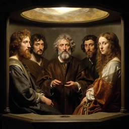 isolation chamber of the early biblical scholars, in the style of David Geddes, Jacques-Louis David, Caravaggio, Élisabeth Vigée Le Brun, dramatic lighting, establishing shot, detailed and clear beautiful realistic faces, 8k resolution – W 1024