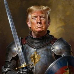 greg manchess oil matte portrait painting, donald trump as a knight with beautiful face, sword and shield, wonderful masterpiece highly detailed, scifi, beautiful cinematic light deep focus, elegant, digital painting, smooth, sharp focus, golden ratio, dramatic illumination, ultra realistic, 4 k, art by greg rutkowski wlop rossdraws