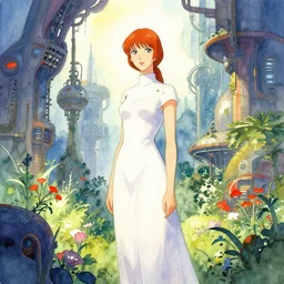 technopriestess in a futuristic industrial garden. watercolor by moebius, clamp and arina tanemura, backlighting, vibrant palette.