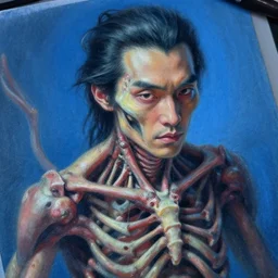 hyperrealistic close-up pastel rococo exoskeleton! chinese man highly detailed concept art eric zener elson peter cinematic hard blue lighting high angle hd 8k sharp shallow depth of field, inspired by David Paul Cronenberg