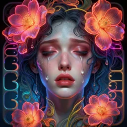 portrait of androgynous face crying, flowers neon, fibonacci, sweat drops, insane, intricate, highly detailed, digital painting, artstation, concept art, smooth, sharp focus, illustration, Unreal Engine 5, 8K, art by artgerm and greg rutkowski and alphonse mucha