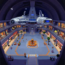 Concept art of inside a large passenger spaceship, with a large open plaza, with stores on each side, from a space themed Serria point and click 2D graphic adventure game, made in 1999