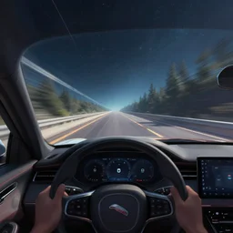 view from the drivers seat of futuristic jaguar marque car driving on space highway. linear perspective. vanishing point. super highway. high speed. digital painting. digital render. beeple. noah bradley. cyril roland. ross tran. trending on artstation.