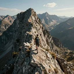 a hyper detailed photo of walking across a summit of a beautiful clifs range, photorealistic, unreal engine 5, 8 k post production, cinematographic, ray tracing, v - ray, octane render, go pro, artstation trending, concept art