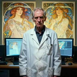 hyperrealist portrait of a thin mean old man with a lab coat standing in front of a computer simulation by jeremy mann and alphonse mucha, fantasy art, photo realistic, dynamic lighting, artstation, poster, volumetric lighting, very detailed faces, award winning