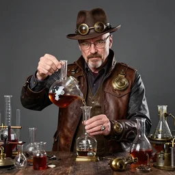 studio photo of walter white doing dangerous chemistry in a steampunk style
