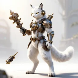 anthropomorphic white lynx fursona wielding steampunk weapon, wearing steampunk suit with clockworks life support with lynx head, tail, paws, by tanidareal, irakli nadar, muggur, intricate linework, unreal engine, photorealistic render, furry art, furaffinity, gaussian blur, bright sun backlight, white detailed fur, thin hind legs