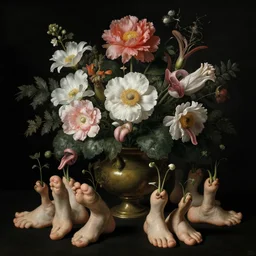 disgusting disturbing dutch golden age portrait bizarre vanitas floral still life with many human toes sprouting up everywhere so many toes and tongues cow tongue rubber liver by rachel ruysch black background chiaroscuro beautiful dramatic lighting perfect composition high definition 8 k 1 0 8 0 p