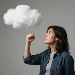 an artist angirly shaking his fist at a cloud. stock photo.