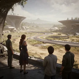 windswept vista overlooking a abandoned futuristic raceway. jasmin habezai - fekri, anton fadeev, tony zhou shuo, greg rutkowski, unreal engine 5