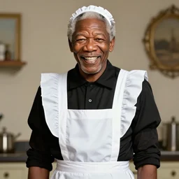 Morgan Freeman in a maid costume laughing