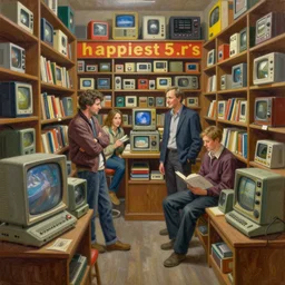 happiest 5 0 s independent bookstore. vintage shapes, retro technology, happy colors dariusz zawadzki, tim hildebrandt, wayne barlow, bruce pennington, larry elmore, oil on canvas, deep depth field, masterpiece, cinematic composition, hyperdetailed