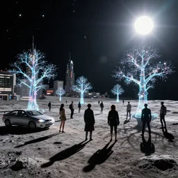 photo of sci-fi citizens and vehicles, holographic trees, on the Moon, long shadows, in a Russian cyberpunk city called Neo Norilsk, pitch black sky with stunning bright stars, bright sun, high contrast, diverse outfits, lively, freaky, black sky full of stars, LEDs, holograms, blinding bright sun, sci-fi, cyberpunk outfits, photorealistic, grainy, 35mm, intricate, very very beautiful, elegant, smooth, cinematic, Unreal Engine 5, by Beeple