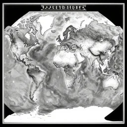 geopolitical map of a strange new world, miller projection, monochromatic