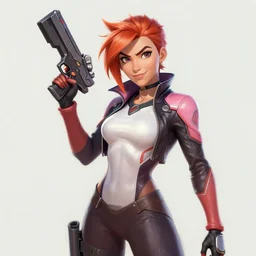 painting of a female cosplaying as tracer from overwatch wearing skintight leather jacket holding a gun, by jeremy mann, fantasy art, dynamic lighting, artstation, poster, volumetric lighting, 4 k, award winning