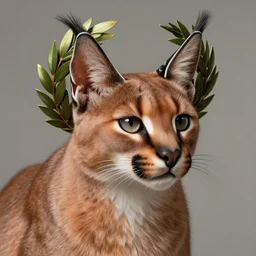 a laurel wreath on a head of fluffy caracal, photography of kurzgesagt, deep focus, d & d, intricate, elegant, highly detailed, digital painting, artstation, concept art, matte, sharp focus, illustration, hearthstone, art by artgerm and greg rutkowski and alphonse mucha