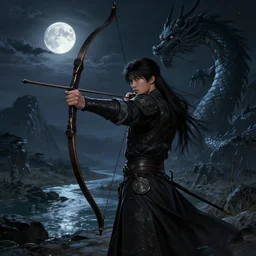 korean archer. asian dragon. night sky. moon. river. mountain. dark fantasy. high resolution. dungeons and dragons. fantasy. detailed. digital art. dark fantasy. kentaro miura