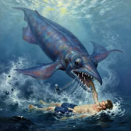 a dream fantasy painting of a giant squid attack a swimming man, by beksinki, giger, greg rutkowski, carne griffith trending on artstation, deviantart, photorealism