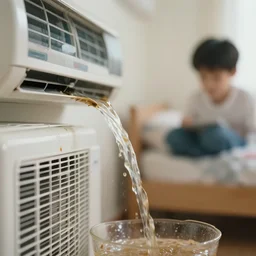 dirty water flowing from the air - conditioning machine in the bedroom of a young teenager, blurred, faded, depth of field, ultra realistic, very detailed, blurred, depth of field, unframed, by gerhard richter and nadav kander, 8 k hyper realistic detailed cinematic still