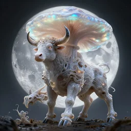 a theriomorphic holobiont, mushroom bull, concept art, moon, translucidluminescence, iridescent, intricate, kim jung gi, james jean, horsley, organic detail, cinematic, epic wide shot, ultra detailed, sharp focus, smooth, global illumination, photorealistic, 8 k render