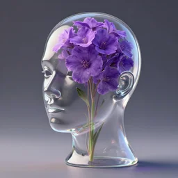 completely transparent glass head of a woman, inside the head is a bunch of purple flowers. 3 d octane render by daniel arsham and james jean
