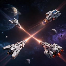 spaceships in outer space shooting lasers at each other, planets, stars, galaxies, cinematic, octane render, unreal engine, 4 k, sci - fi, fantasy, 3 d