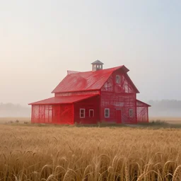 a parametric farmhouse made of ethereal red thread. the farmhouse stands in an rural american landscape with fields of wheat. foggy at dawn