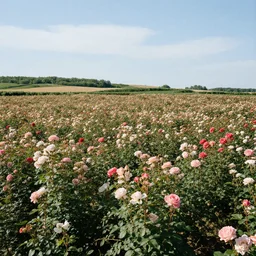photograph of a landscape with a field of roses