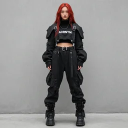 beautiful red haired woman in techwear, warcore look and clothes, ACG, ACRNYM, Rick Owens, trending on r/streetwear, outfit photo, we see them from head to toe