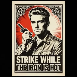 strike while the iron is hot propaganda screen printing poster, art style wwii posters, shepard fairey, obey, street art, iconic, masterpiece, ornate and hyper detailed