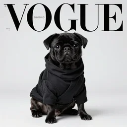 professional studio photoshoot of a black pug puppy dressed as a ninja, editorial fashion photography, from vogue magazine