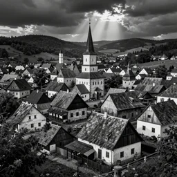 mysterious town in medieval slovakia, comic art, black and white