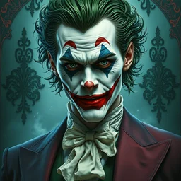 bill skarsgard as the joker, intricate, art nouveau, art by ruan jia, greg rutkowski, takato yamamoto and artgerm