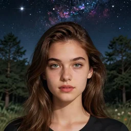 an hd photo of a young woman with brown hair, green eyes, beautiful trees in the background, night sky with multicolor stars and galaxies, trending on artstation