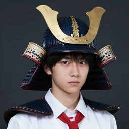 medium close up shot of a big samurai headgear cosplay with asian school boy body, dark studio background, softlight, photorealistic, art by artgerm and greg rutkowski