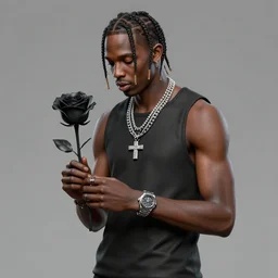 travis scott holding black rose, zbrush, blender, digital art, trending on artstation,