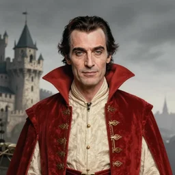 centered detailed, portrait of count dracula, played by vincent price, medieval castle, art by jean giraud and moebius, realistic, expressive emotions, grey gradient, red and cream colours