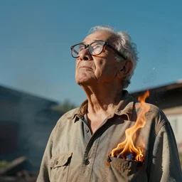an elderly man with thick glasses looking up at sun. his shirt is on fire. long shot. 3 / 4 view.