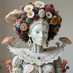 intricate hyper detailed ultra sharp porcelain afro maasai warrior biomechanical cyborg, analog, beautiful natural soft light, iris van harpen haute couture, llaser cut paper collar, headdress with daisies, colorful puffballs, huge fractal mushrooms, rhizomorphs, brackets, sponge corals, intricate details, octane render, 8 k