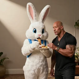 Kevin hart dressed as a bunny eating with Dwayne the rock Johnson