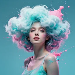 dramatic lighting photo of a beautiful young woman with clouds for hair. paint splashes. exuberant and uplifting. cyan and pink color scheme,