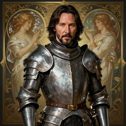 Keanu Reeves dressed as a knight, D&D, fantasy, intricate, elegant, highly detailed, digital painting, artstation, concept art, matte, sharp focus, illustration, art by Artgerm and Greg Rutkowski and Alphonse Mucha