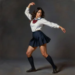 a beautiful woman with school uniform dancing, seifuku, pleated miniskirt, overknee socks, adriana lima, painted by artgerm and tom bagshaw, fantasy art, dramatic lighting, highly detailed oil painting, volumetric lighting