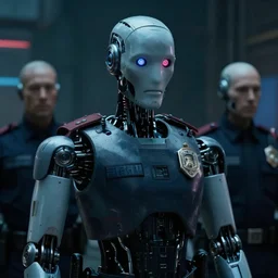 vfx film closeup, humanoid robot police squad in blade runner 2 0 4 9 slums, flat color profile, low - key lighting, award winning photography, arri alexa cinematography, hyper real photorealistic cinematic, atmospheric cool colorgrade