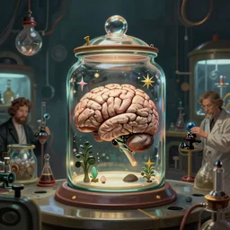 a brain in a jar in a fantasy mad science laboratory, detailed 4 k digital painting by james gurney, greg rutkowski, and raymond swanland