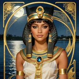 Zendaya as Bast the Egyptian goddess, a beautiful art nouveau portrait by Gil elvgren, moonlit Nile river environment, centered composition, defined features, golden ratio, intricate gold jewlery featured in vogue, skincare, makeup