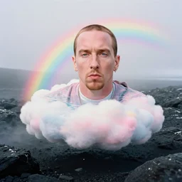 high quality pastel coloured film close up wide angle photograph of eminem wearing clothing swimming on cloud furniture in a icelandic black rock environment in a partially haze filled dreamstate world. three point light, rainbow. photographic production. art directed. pastel colours. volumetric clouds. pastel gradient overlay. waves glitch artefacts. extreme facial clarity. 8 k. filmic.